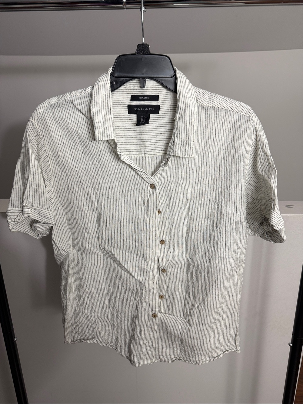 Tahari Short Sleeve Button-Down Shirt in White with Thin black Stripes